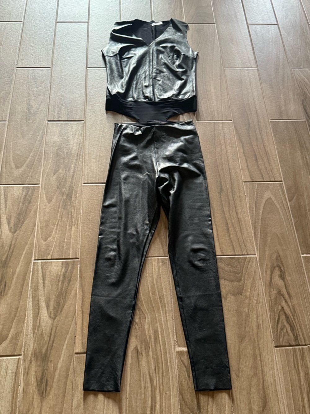 Commando Black Faux-Leather Leggings and Crop Zip Top Set